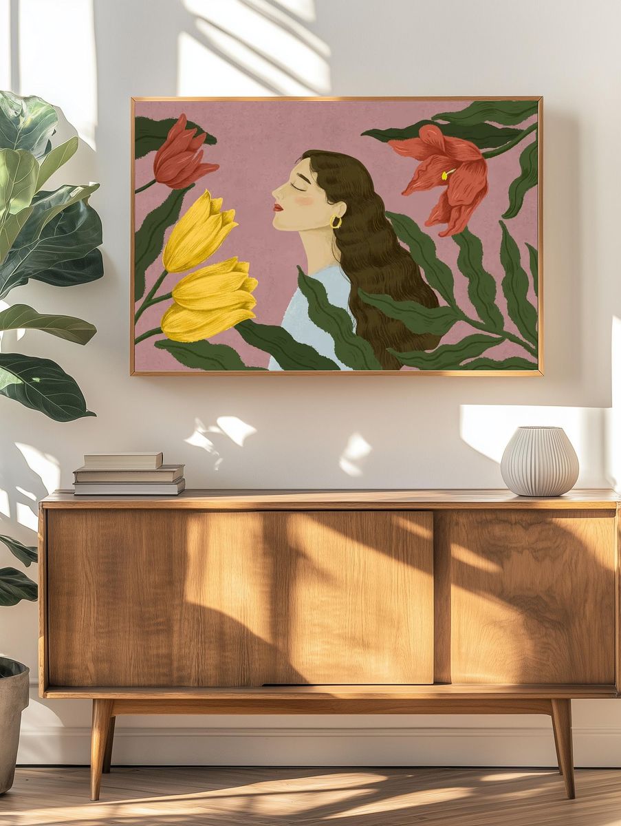 Woman with Flowers — Illustration Print. — room view 3