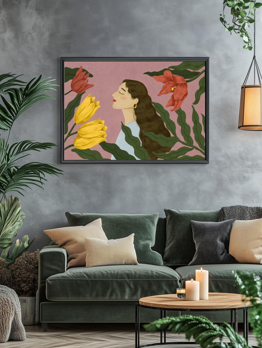 Woman with Flowers — Illustration Print. — room view 4