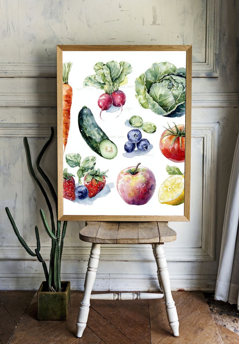 Watercolor Fruits and Vegetables Poster. — room view 1