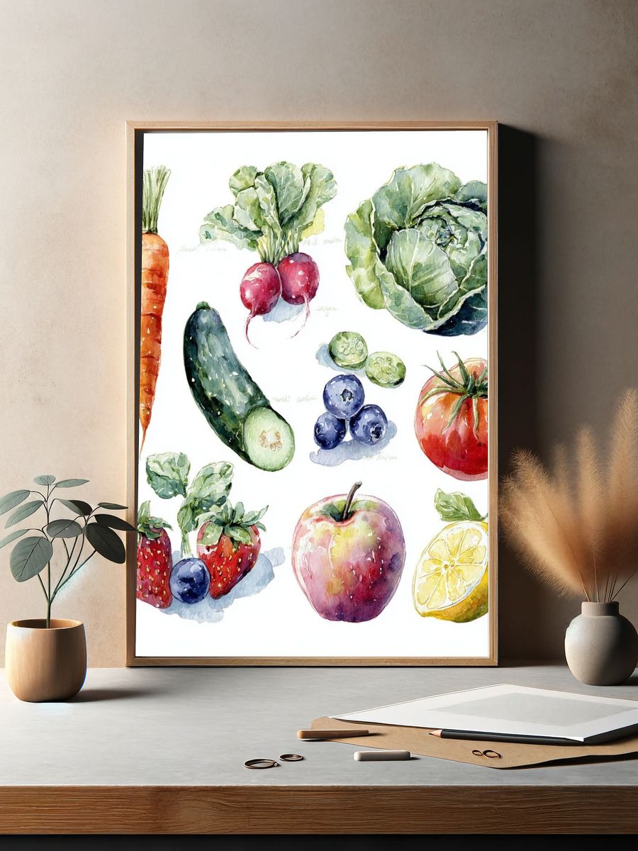 Watercolor Fruits and Vegetables Poster. — room view 2