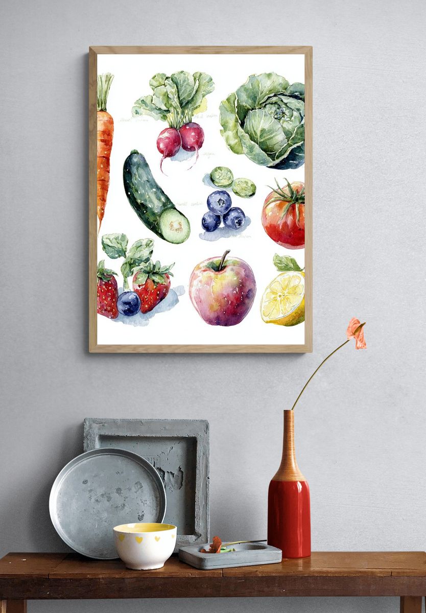 Watercolor Fruits and Vegetables Poster. — room view 3