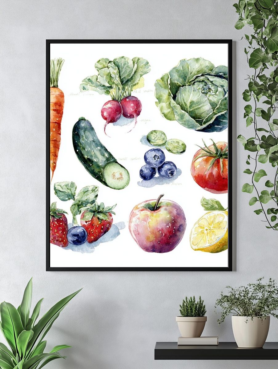 Watercolor Fruits and Vegetables Poster. — room view 4