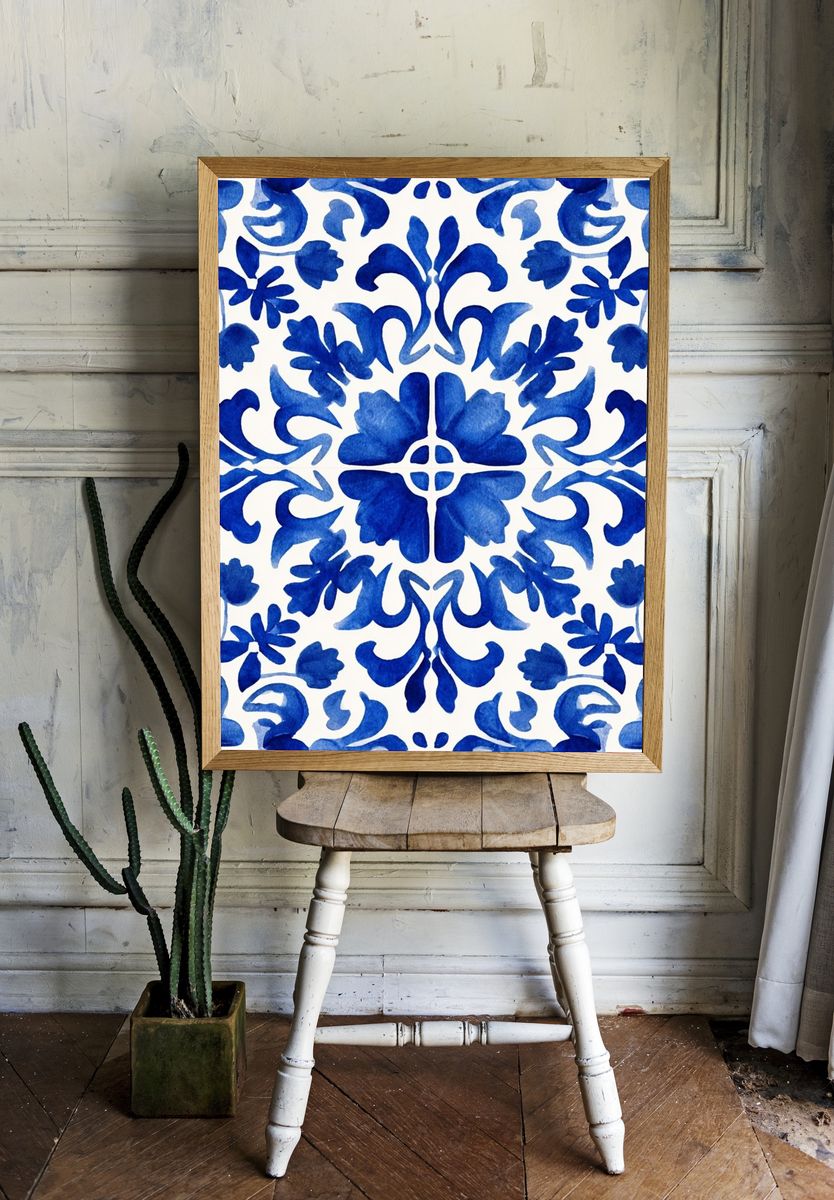 Blue Floral Pattern — Watercolor Print. — room view 1