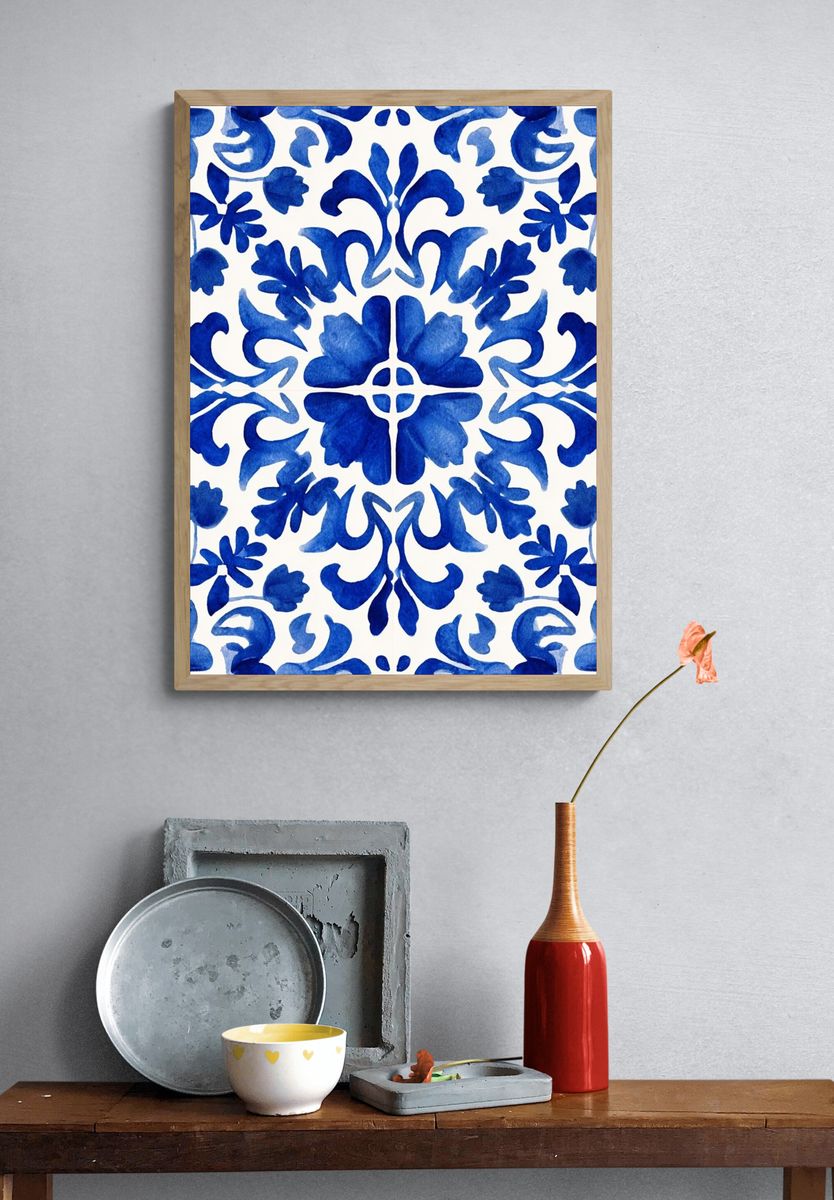 Blue Floral Pattern — Watercolor Print. — room view 3