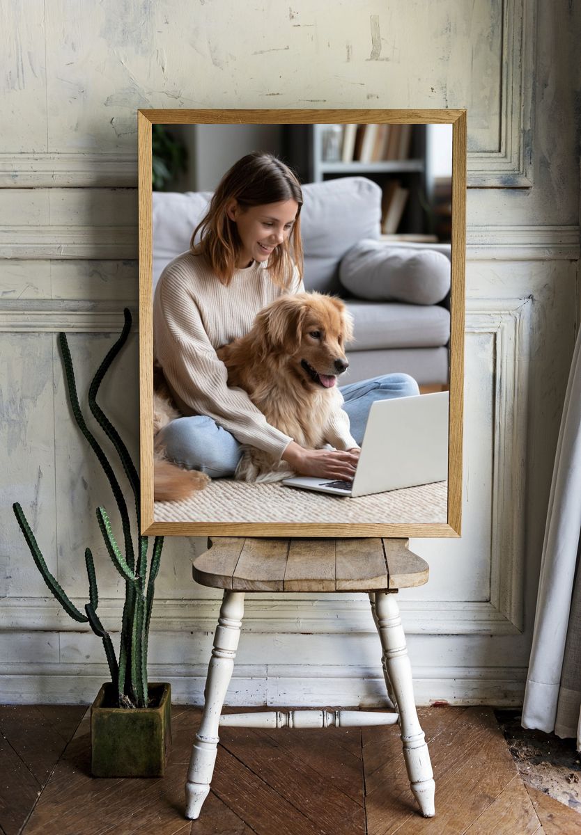 Woman with Golden Retriever Photography Poster. room preview