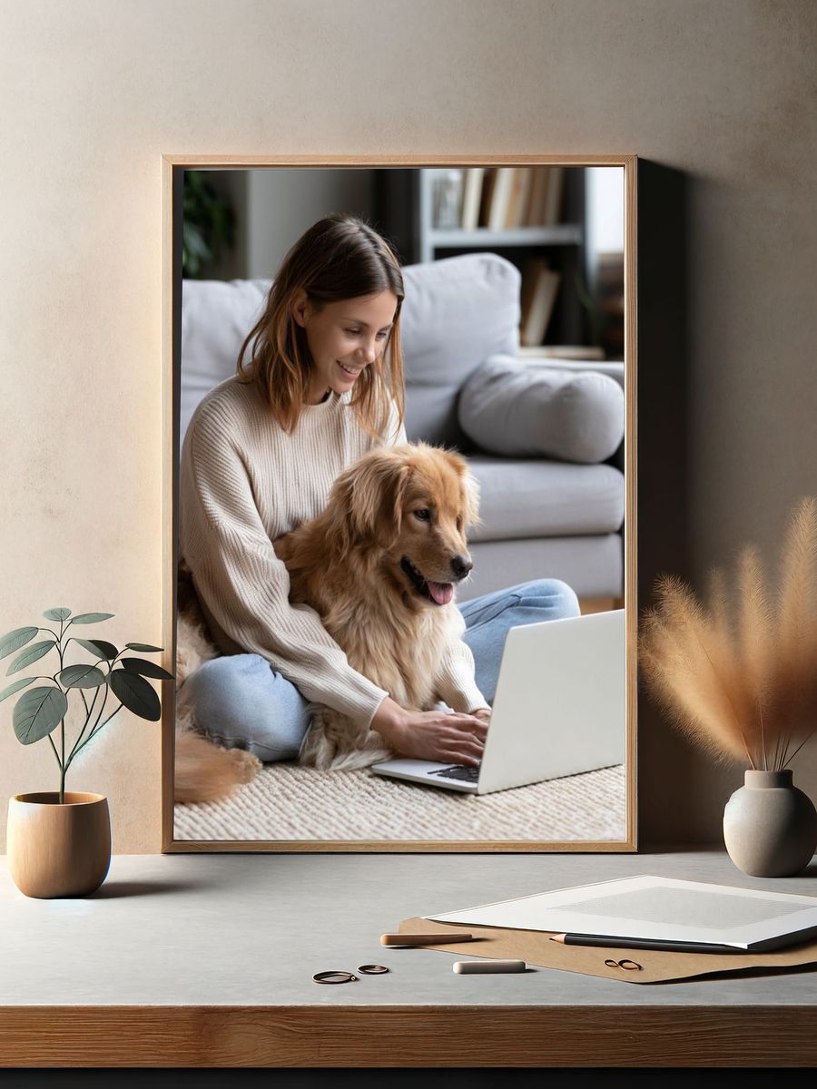 Woman with Golden Retriever Photography Poster. — room view 2