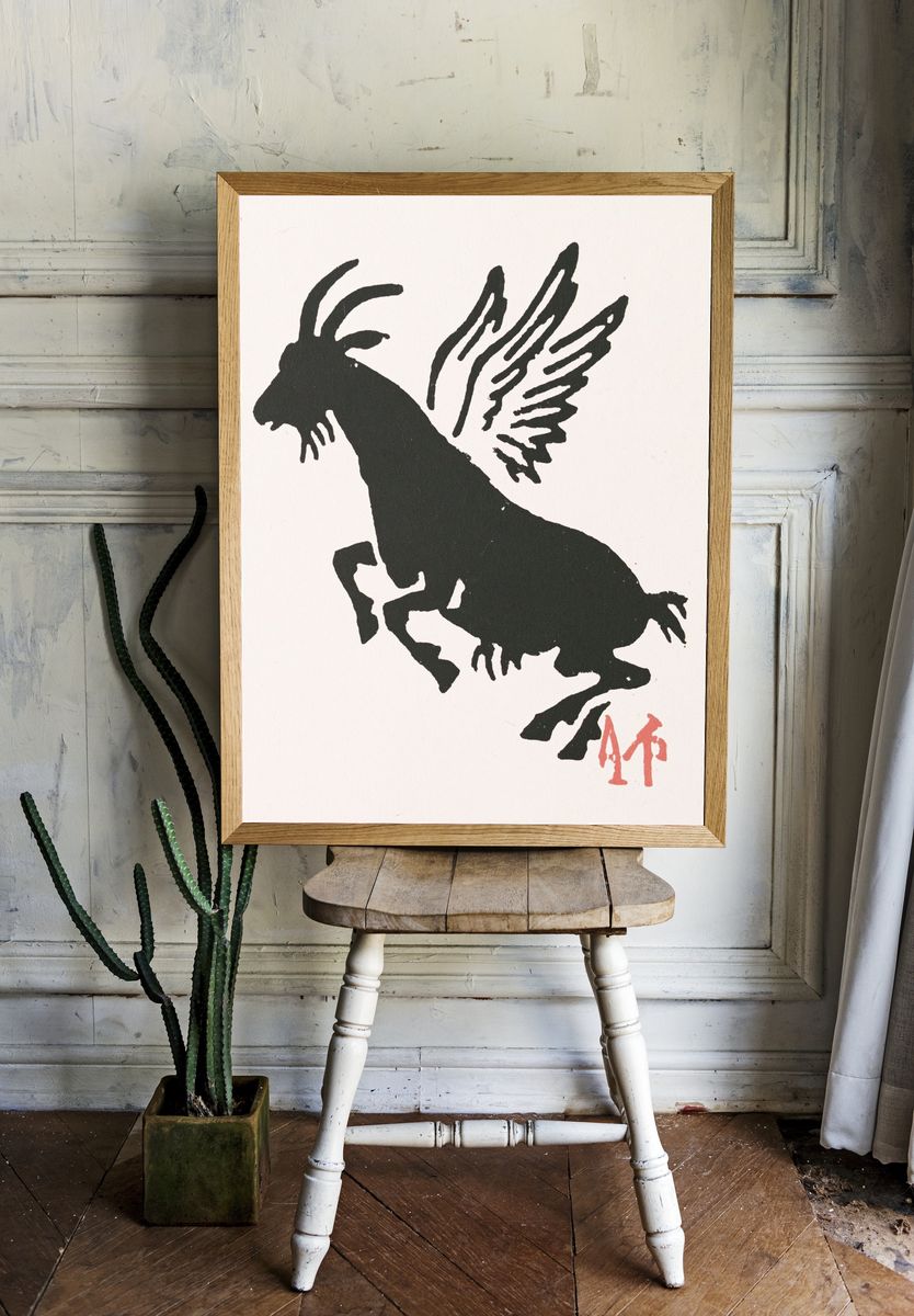 Winged Goat Ink Illustration Poster. — room view 1