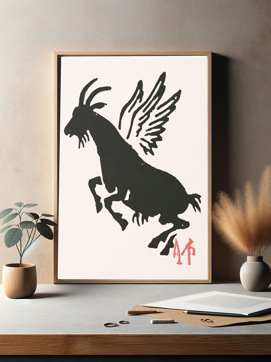 Winged Goat Ink Illustration Poster. — room view 2