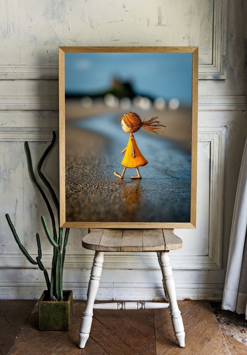 Whimsical Girl Walking — Illustration Print. — room view 1