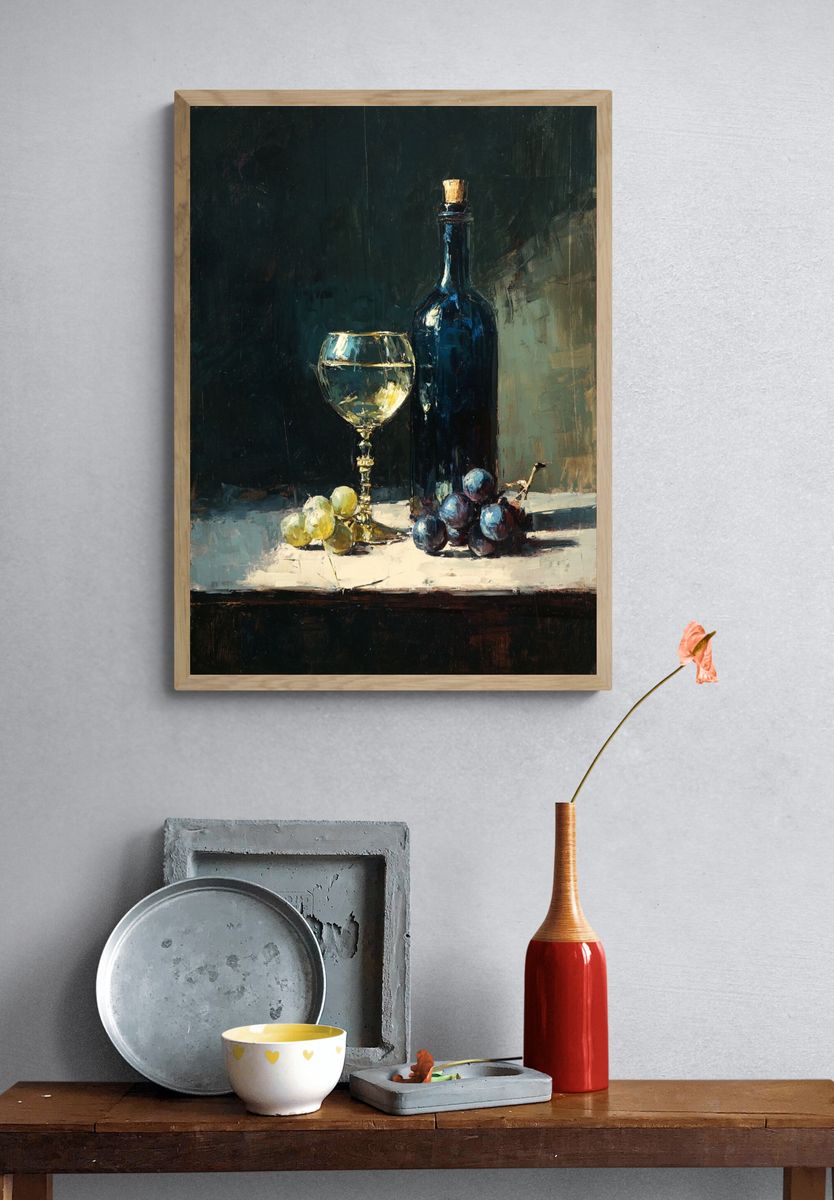 Wine and Grapes Still Life Poster. — room view 3