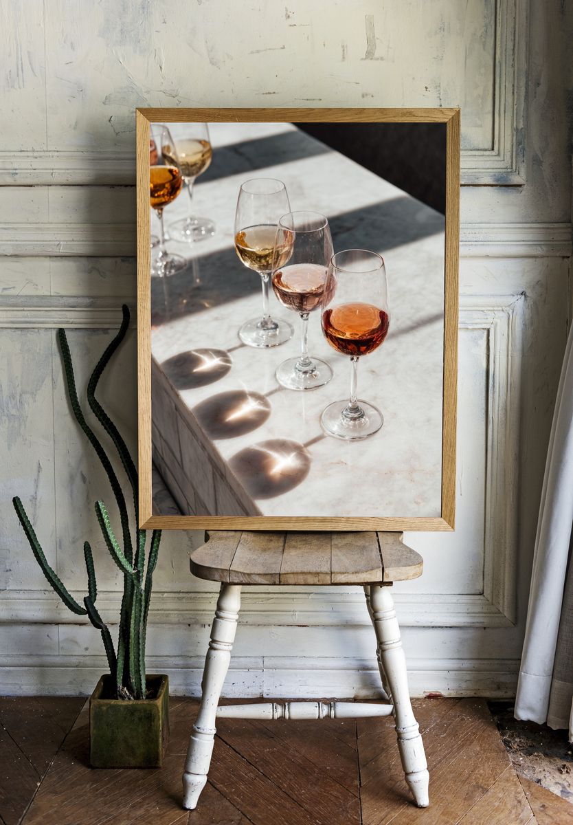 Wine Glasses on Marble Table — Photography Print. room preview