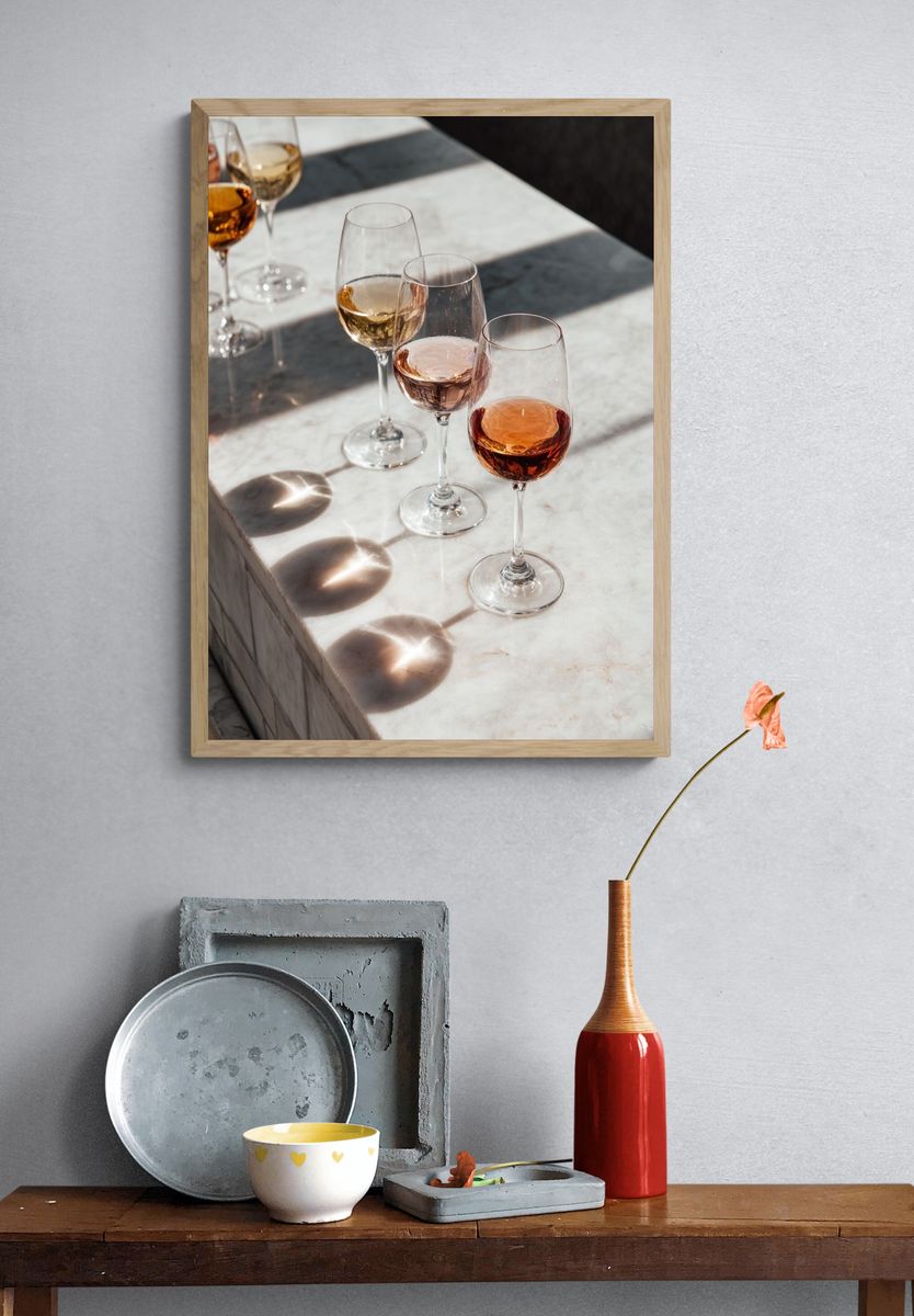 Wine Glasses on Marble Table — Photography Print. — room view 3