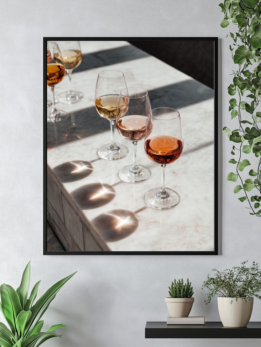 Wine Glasses on Marble Table — Photography Print. — room view 4
