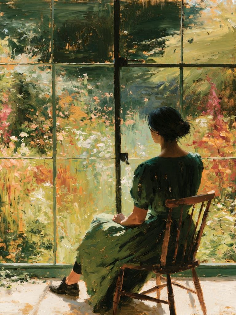 Woman by Garden Window Painting Poster. poster detail