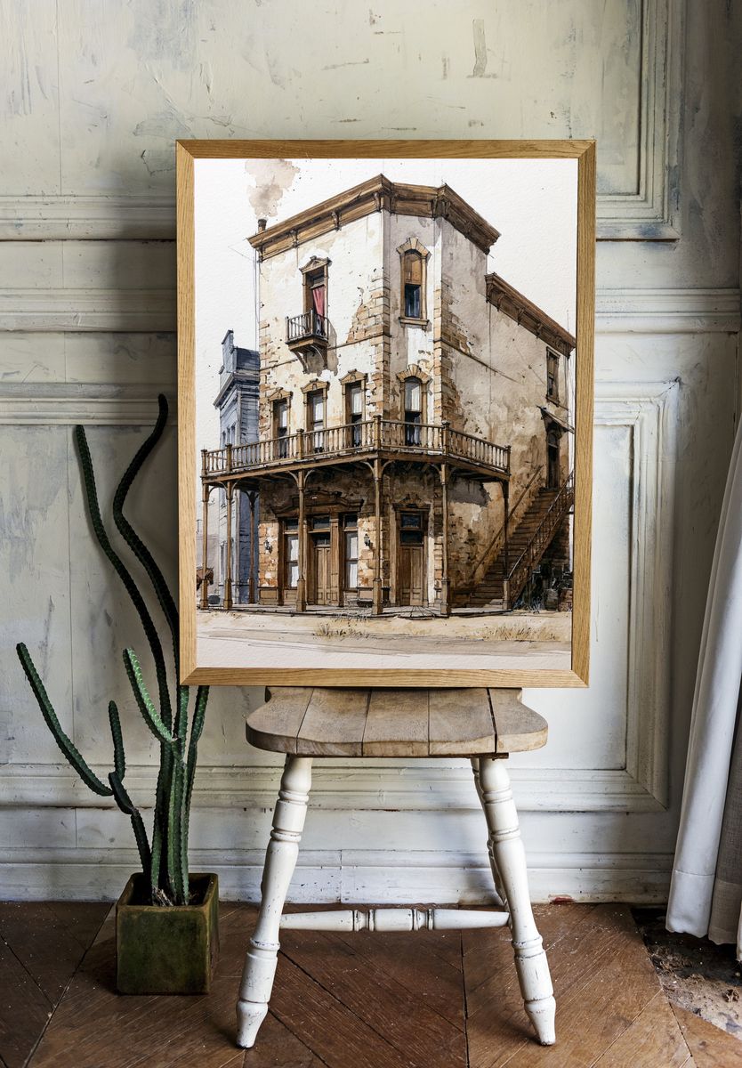 Old Western House Watercolor Print. room preview