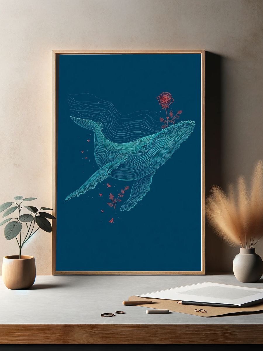 Whale Line Art Poster. — room view 2