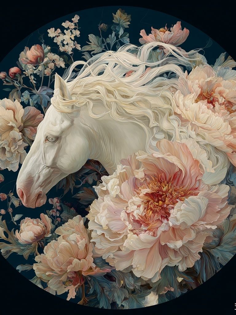 White Horse Floral Illustration Poster. poster detail