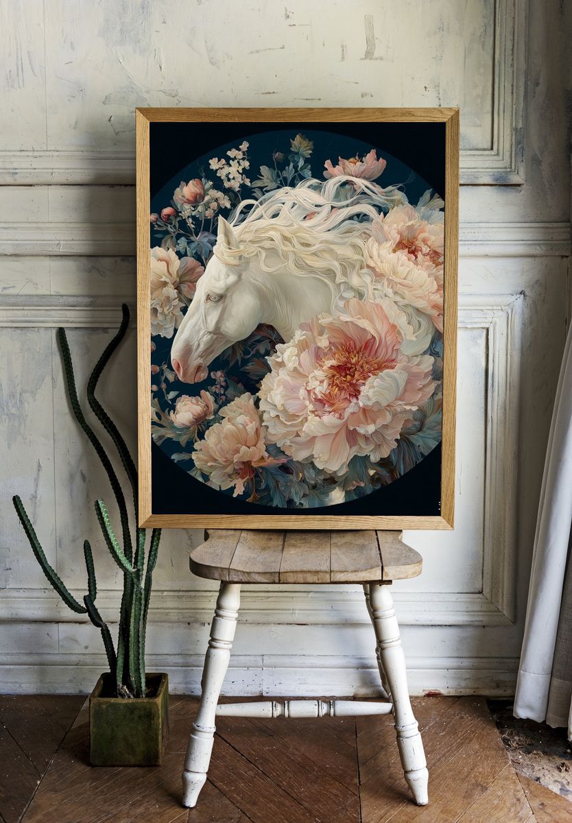 White Horse Floral Illustration Poster. room preview