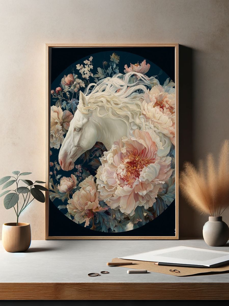 White Horse Floral Illustration Poster. — room view 2