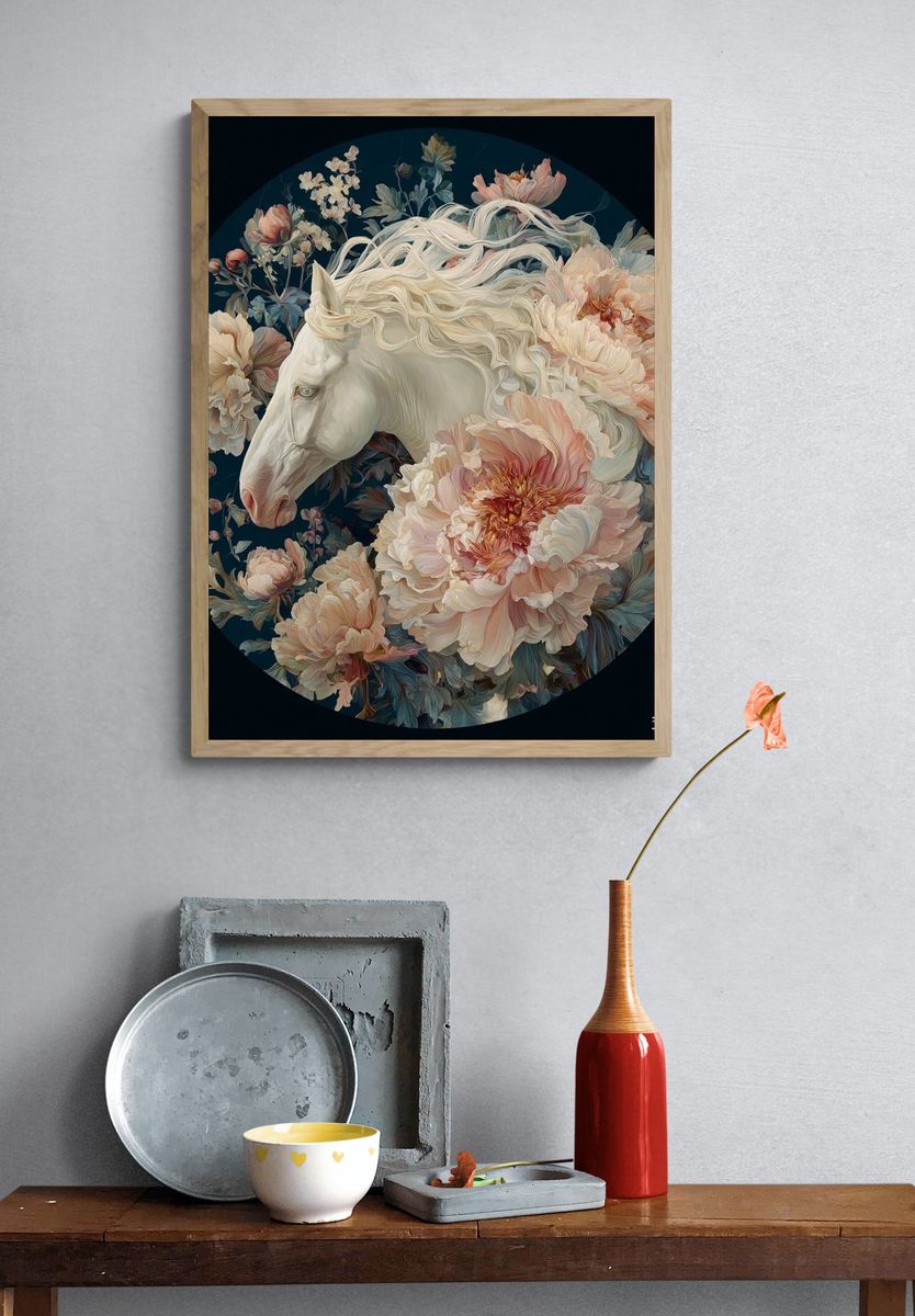 White Horse Floral Illustration Poster. — room view 3