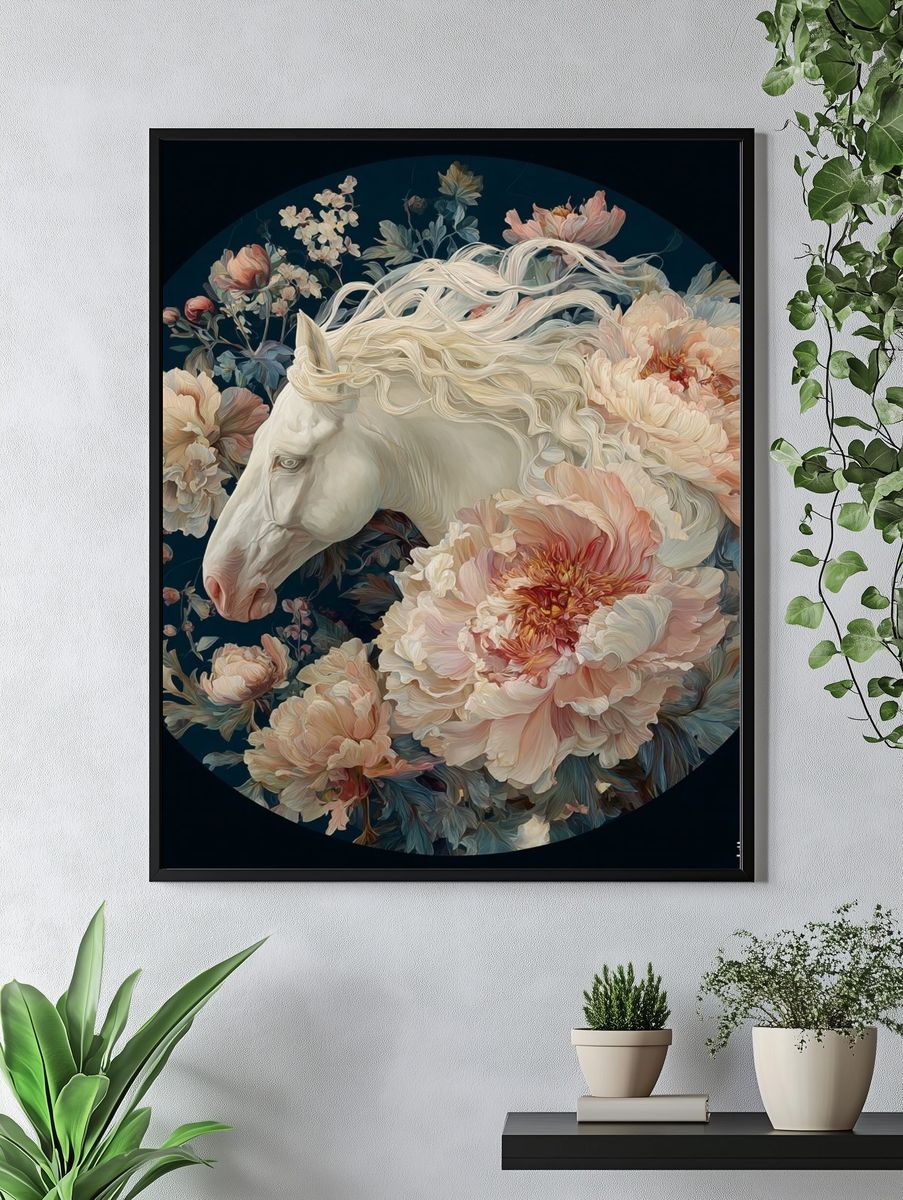 White Horse Floral Illustration Poster. — room view 4