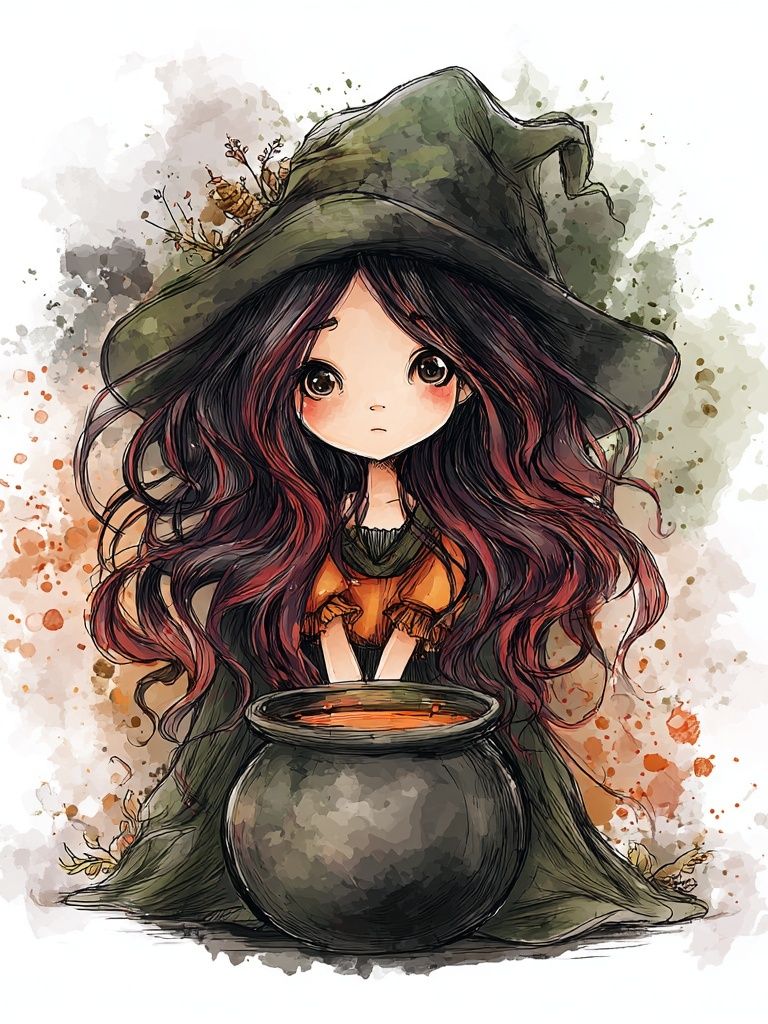 Cute Witch with Cauldron — Illustration Print. poster — illustration art