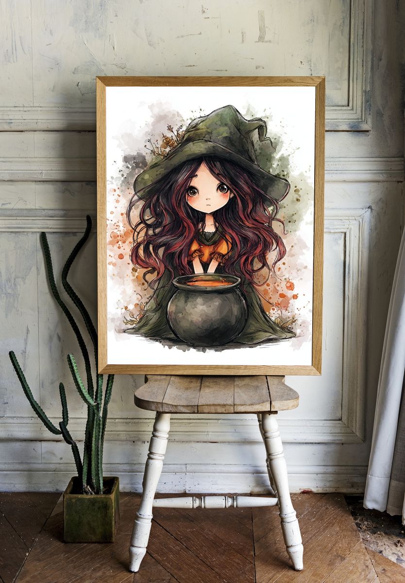 Cute Witch with Cauldron — Illustration Print. — room view 1