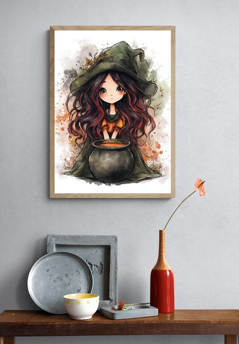 Cute Witch with Cauldron — Illustration Print. — room view 3