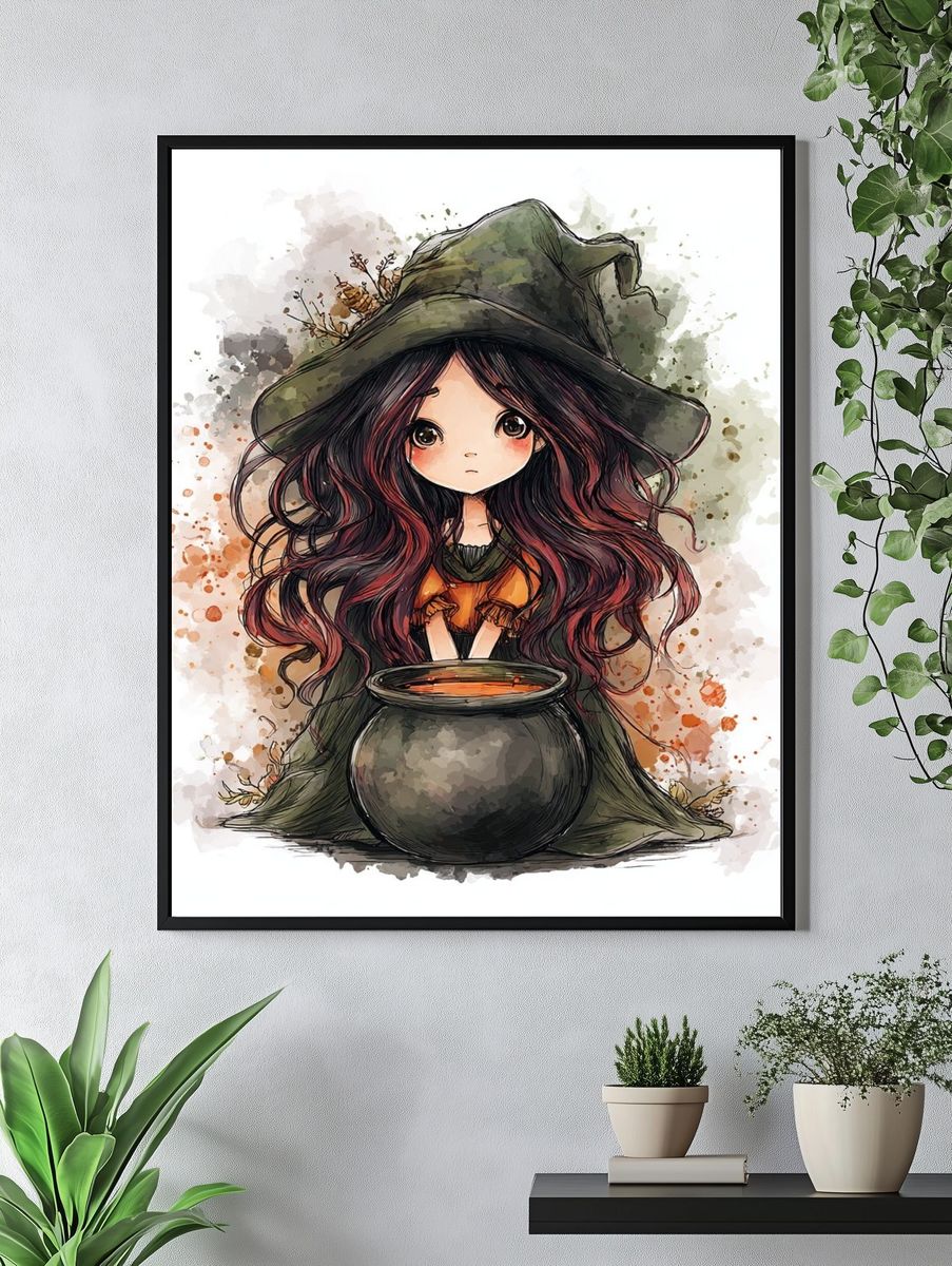 Cute Witch with Cauldron — Illustration Print. — room view 4