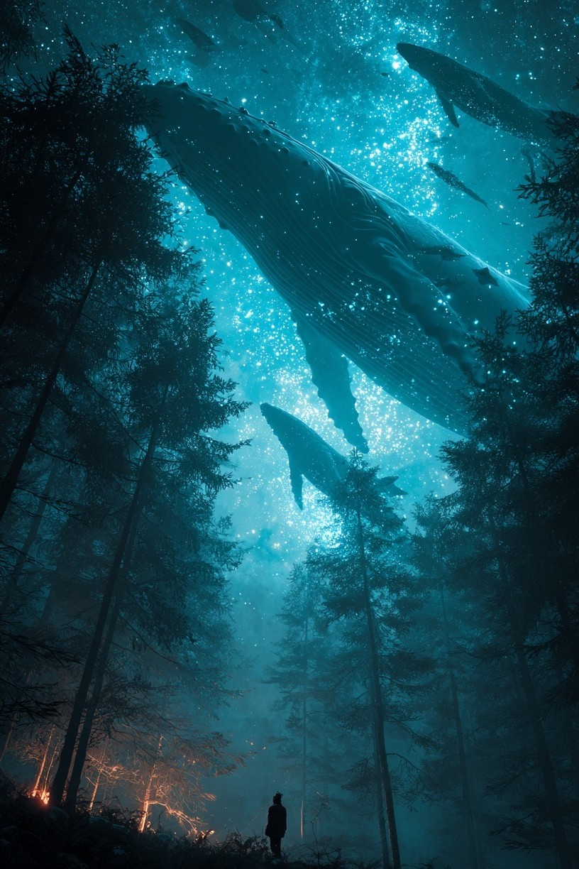 Whales in the Forest — Surreal Art Print. poster detail