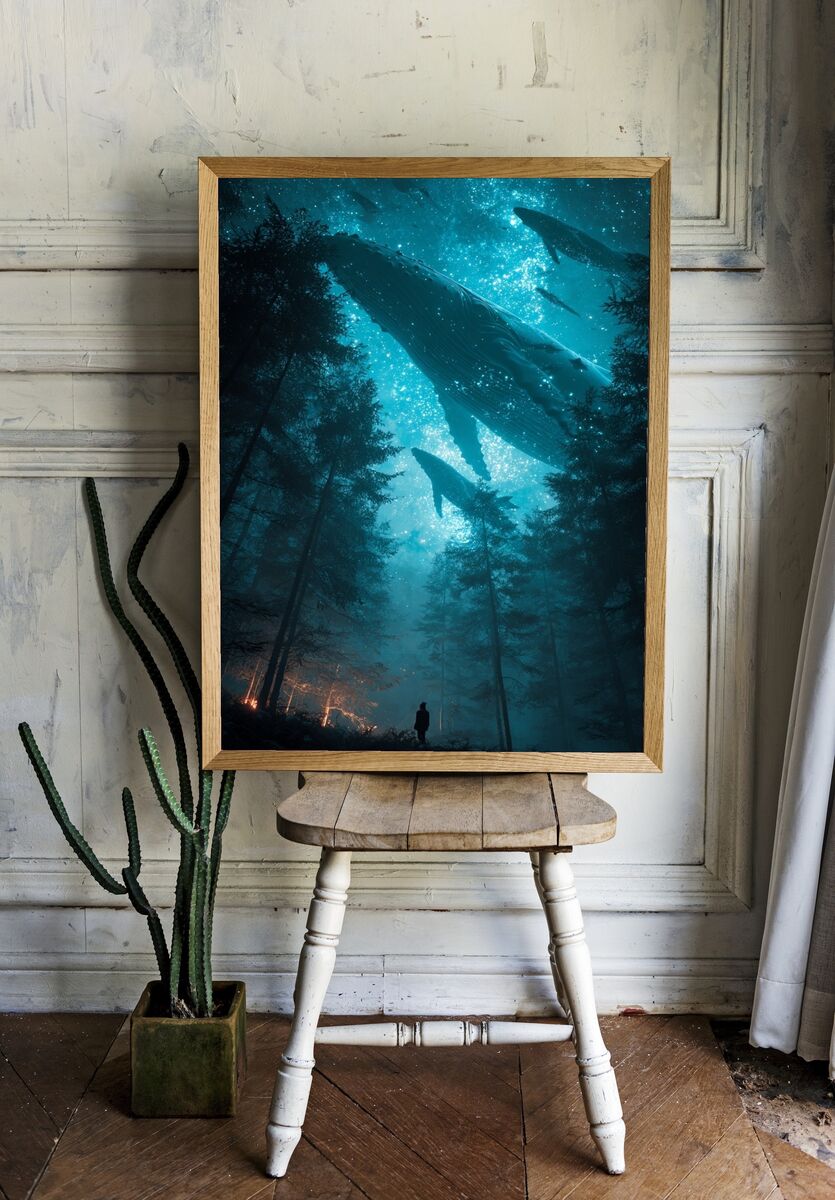 Whales in the Forest — Surreal Art Print. — room view 1