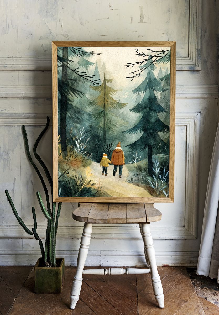 Walking in the Misty Forest — Watercolor Print. — room view 1