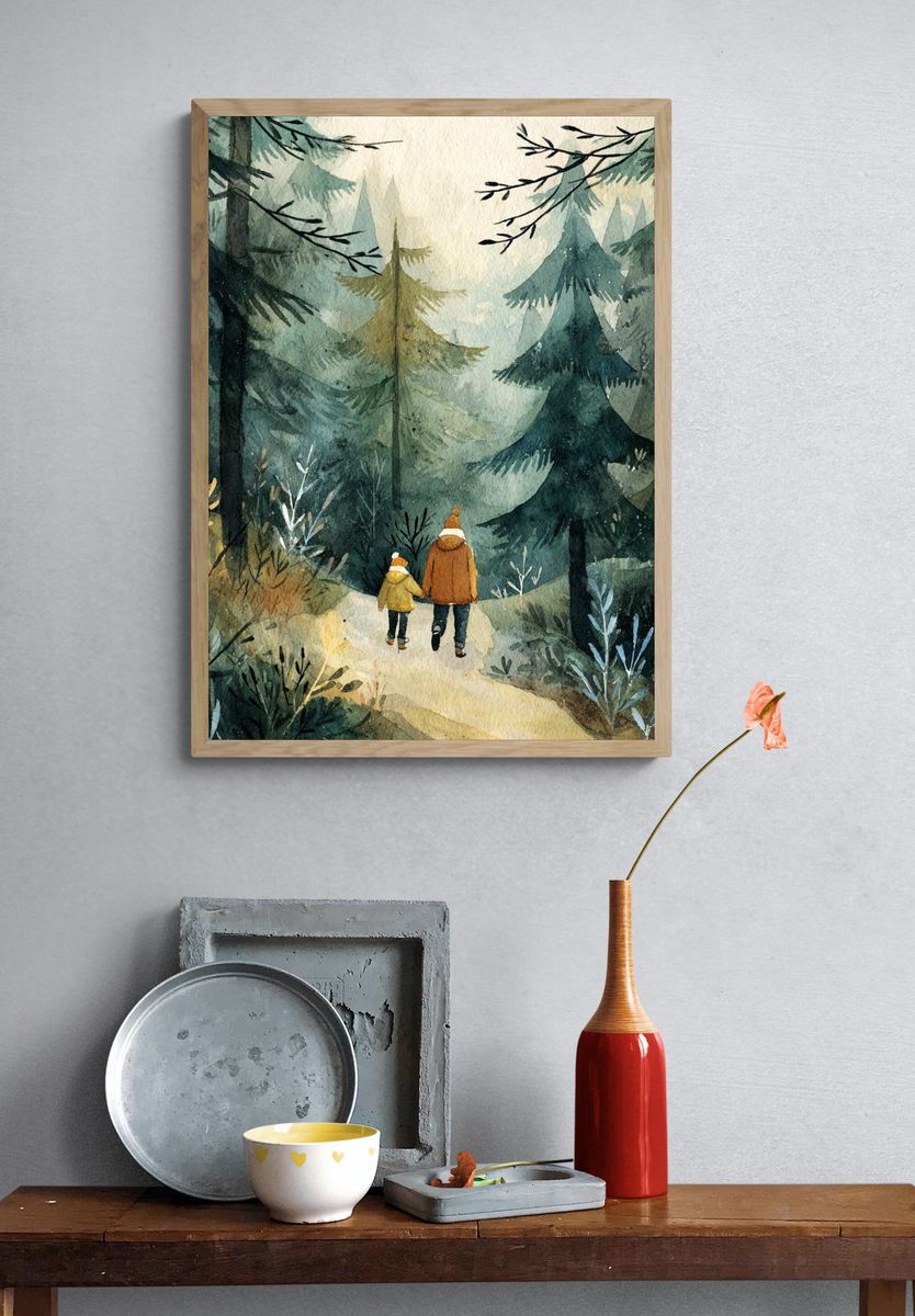 Walking in the Misty Forest — Watercolor Print. — room view 3