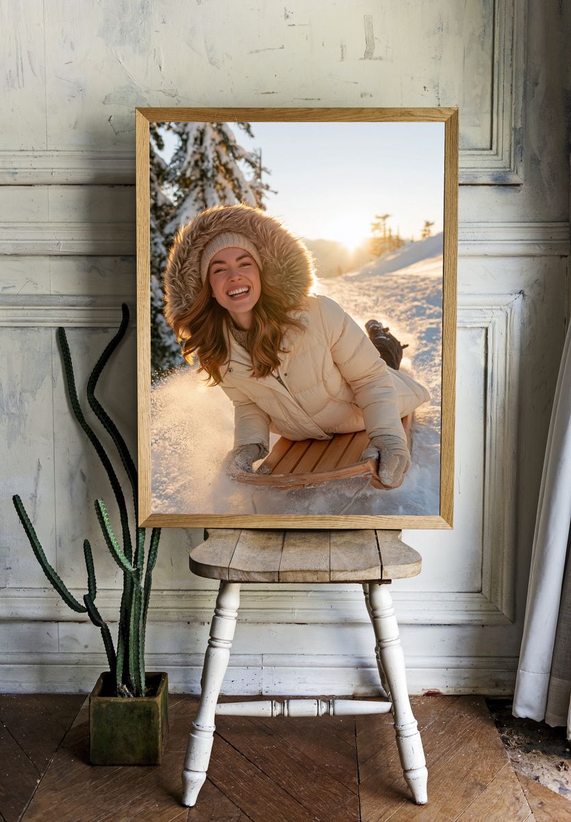 Winter Sledding Smile Photography Poster. room preview