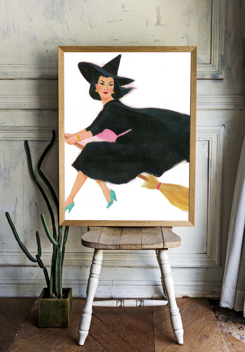 Witch on Broom Illustration Poster. — room view 1