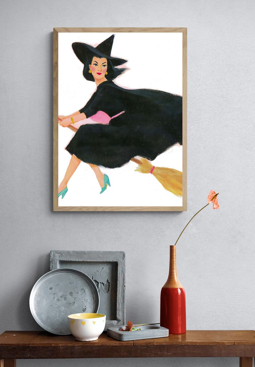 Witch on Broom Illustration Poster. — room view 3