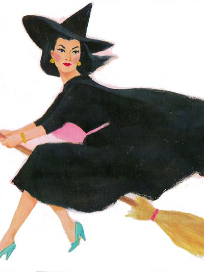 Witch on Broom Illustration Poster.