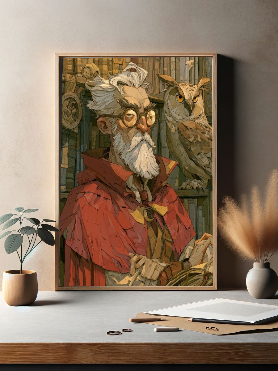 Wizard and Owl Illustration Poster. — room view 2