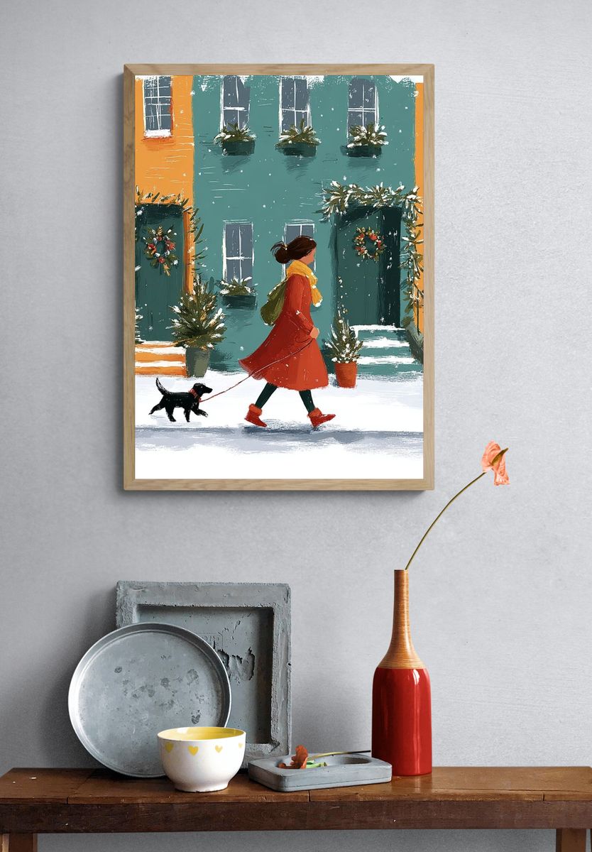 Winter Walk with Dog — Illustration Print. — room view 3