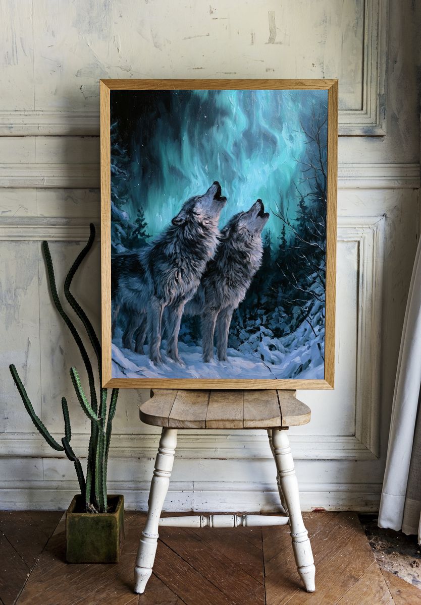 Howling Wolves Aurora Poster. room preview