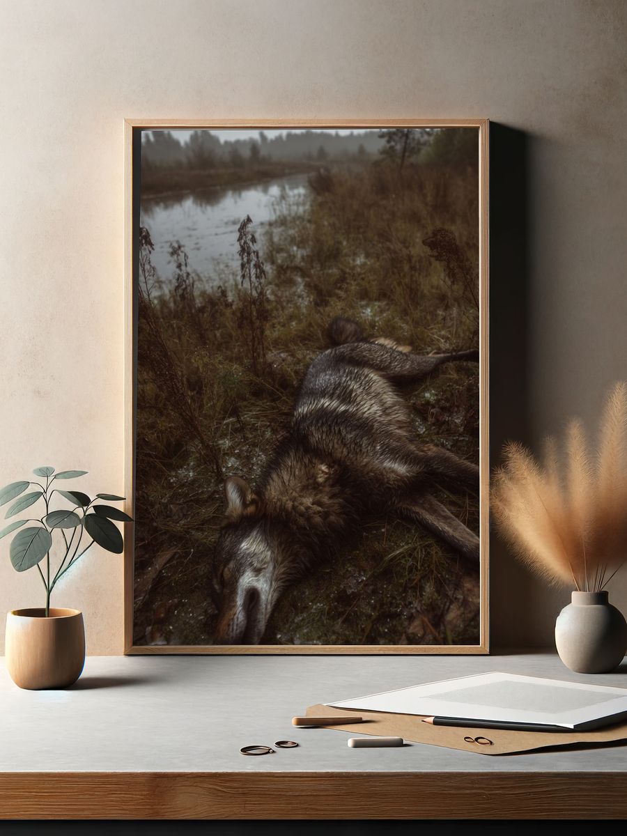 Wolf in Marshland Photography Poster. — room view 2
