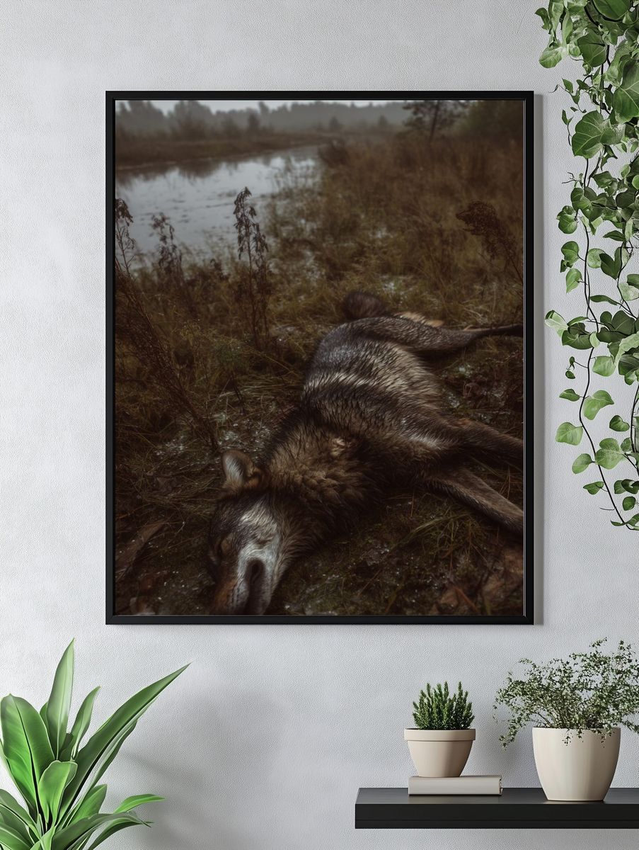 Wolf in Marshland Photography Poster. — room view 4