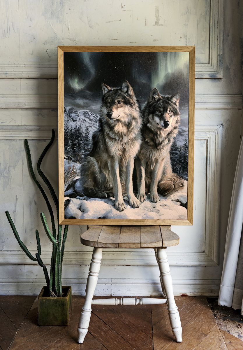 Wolf Pair Northern Lights Poster. room preview