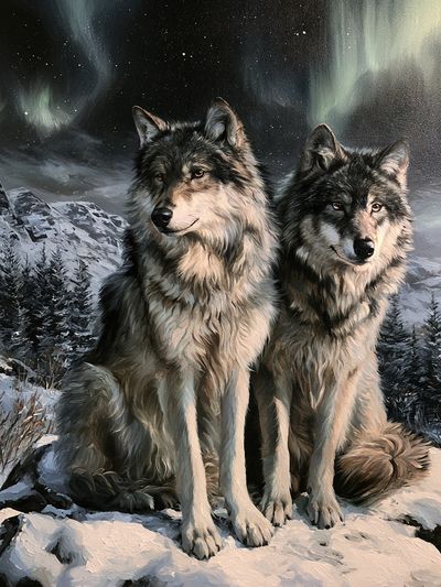 Wolf Pair Northern Lights Poster. poster