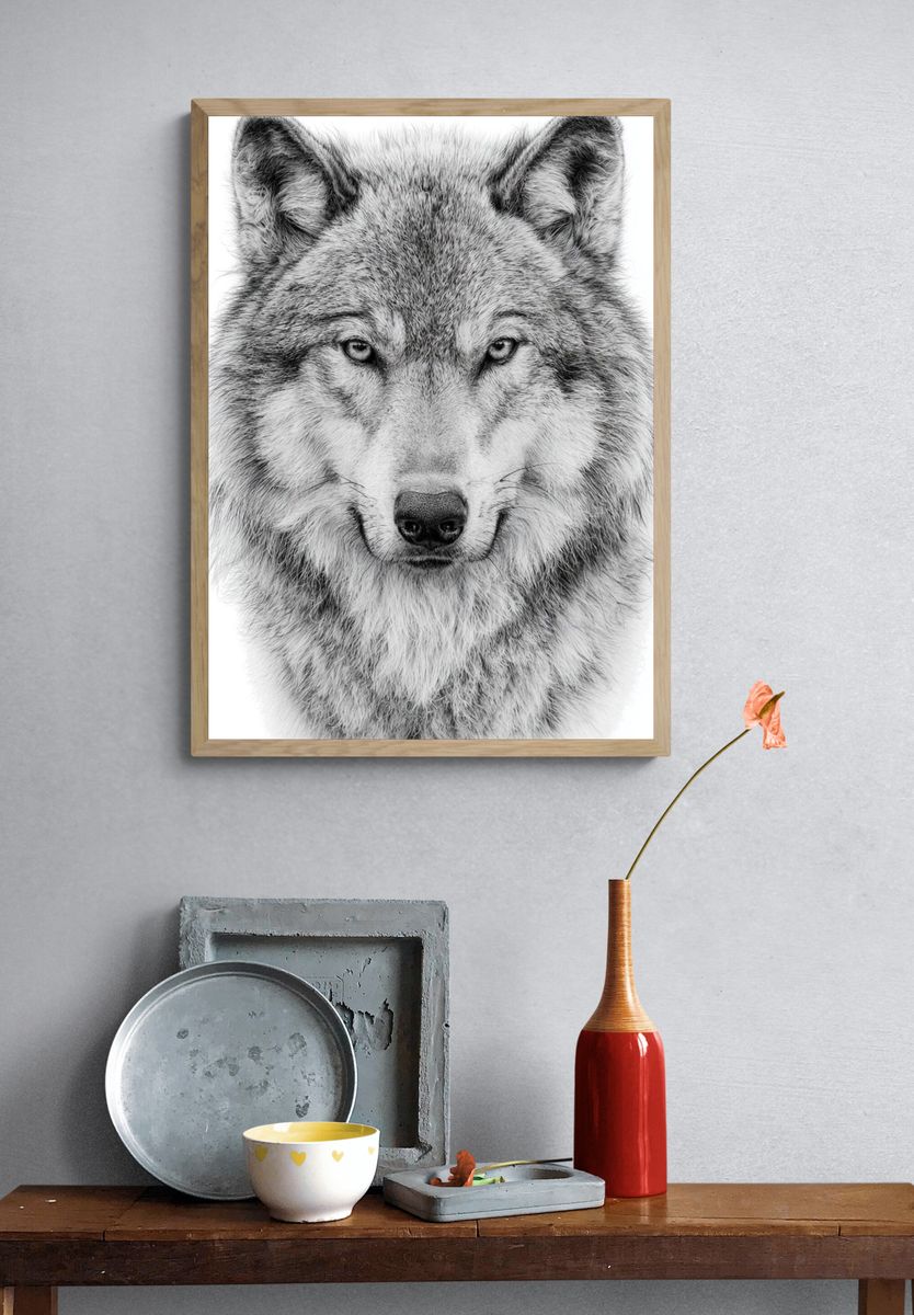 Wolf Portrait Black-White Poster. — room view 3