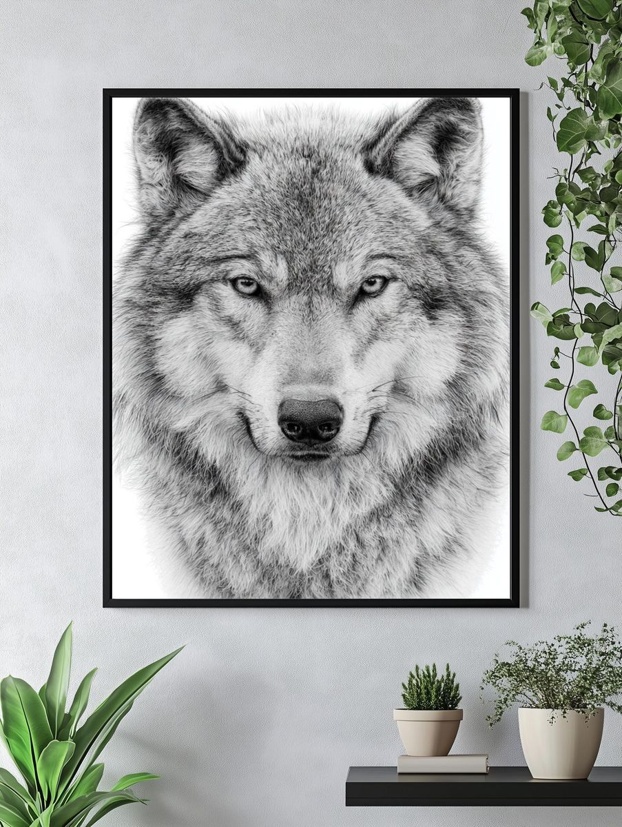 Wolf Portrait Black-White Poster. — room view 4