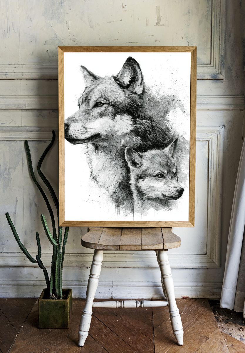 Wolf Duo Ink Poster. room preview