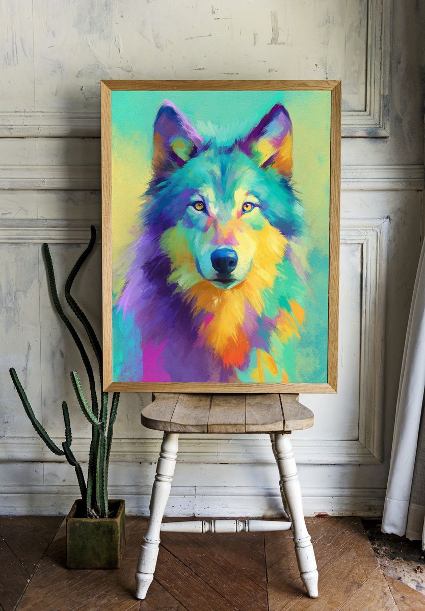 Colorful Wolf Portrait Poster. — room view 1