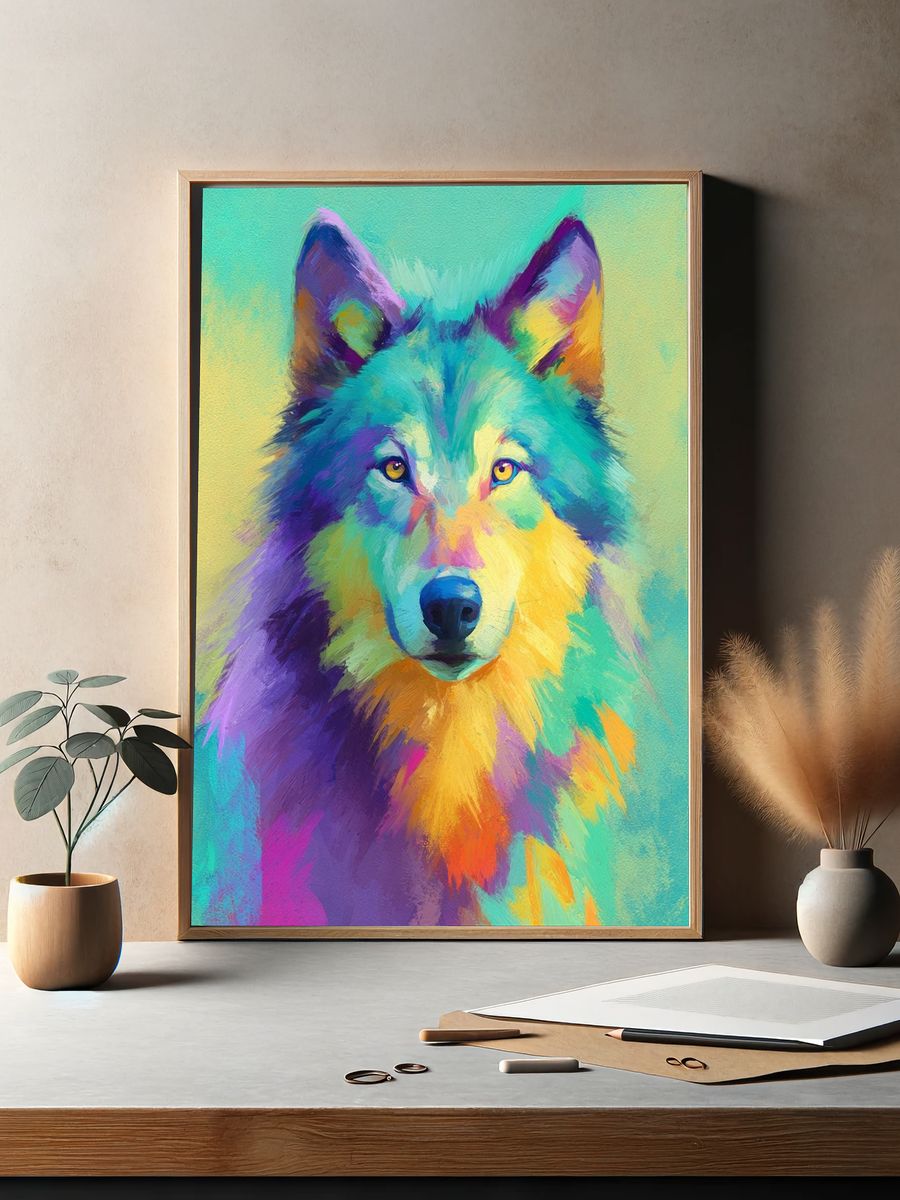 Colorful Wolf Portrait Poster. — room view 2