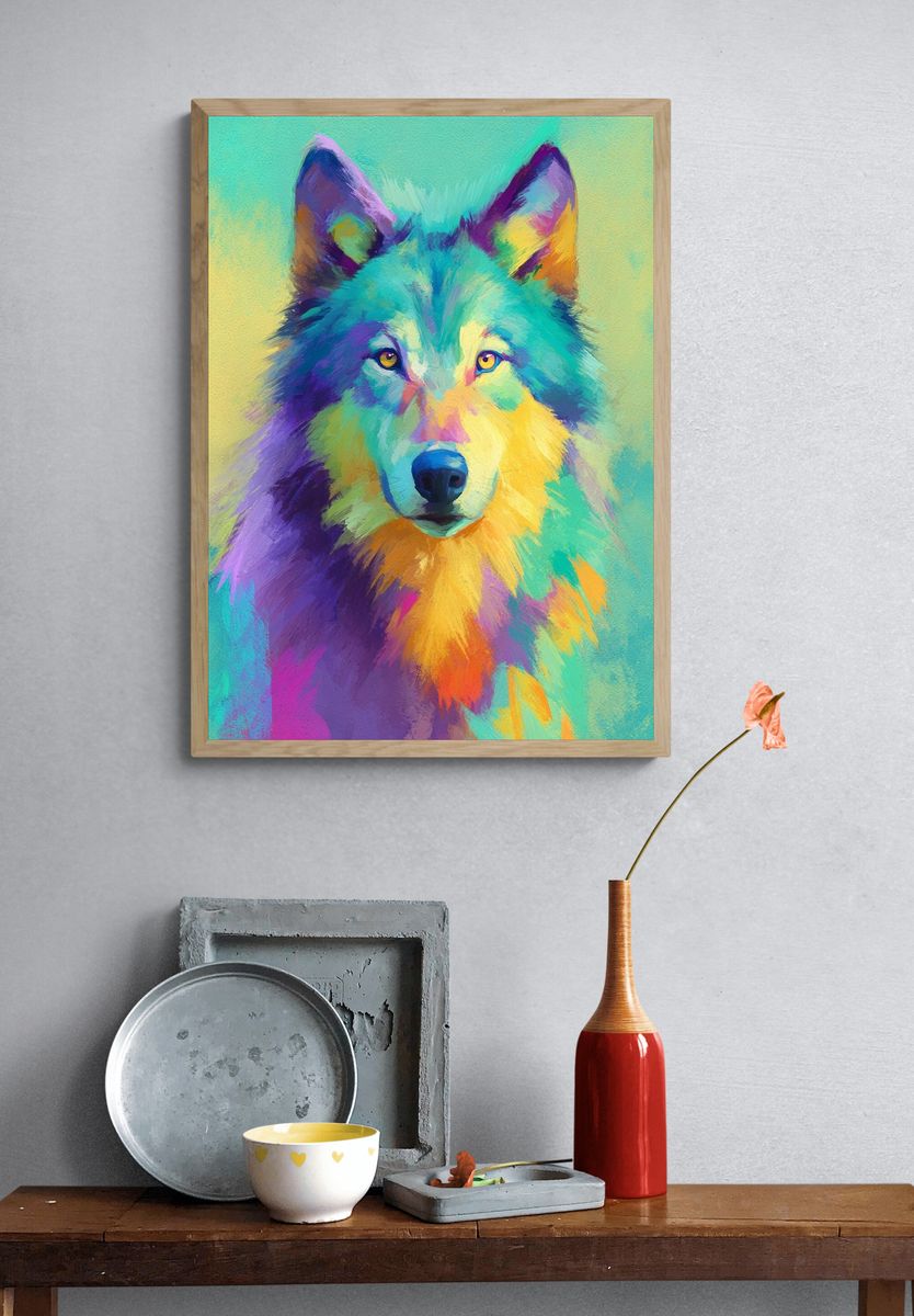 Colorful Wolf Portrait Poster. — room view 3